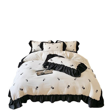 Embroidered Wide Edge Floral Duvet Cover Fitted Sheet