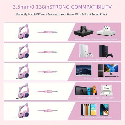 AUX 3.5Mm Cat Ear Gaming Headphones with LED Light, Noise-Cancelling Stereo On-Ear Headphones,