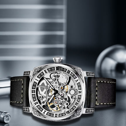 1pc Men'S Silvery Black PU Belt Simple Style Quality Ancient Roman Fully Automatic Tourbillon Mechanical Watch