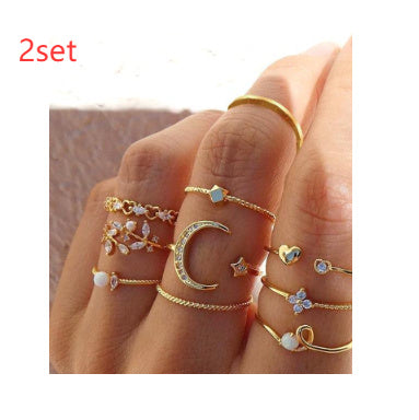 Fashion Gold-plated Leaf Pearl Ring Set, Ladies Street Shooting All-match Ring