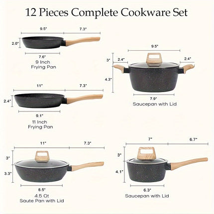 12 POTS and pans Set, Non-stick Cookware Set, Induction Cookware Non-stick Granite Cooking Set