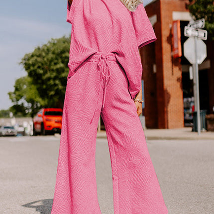 Strawberry Pink Textured Loose Fit T Shirt and Drawstring Pants Set