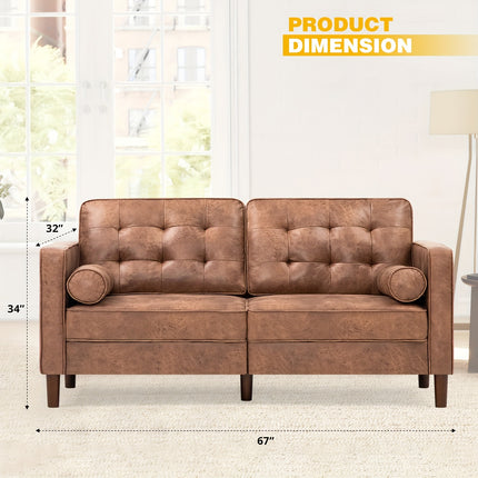 Leather Loveseat Sofa with 2 Bolster Pillows, Modern Two Seat Sofa with Tufted Backrests