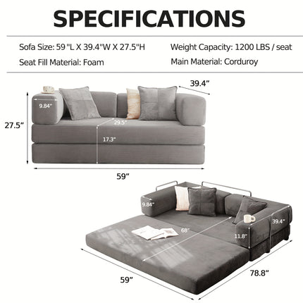 Sofa Bed | Convertible Floor Boneless Couch with Comfy Pillow, Modular Modern Corduroy Sofa