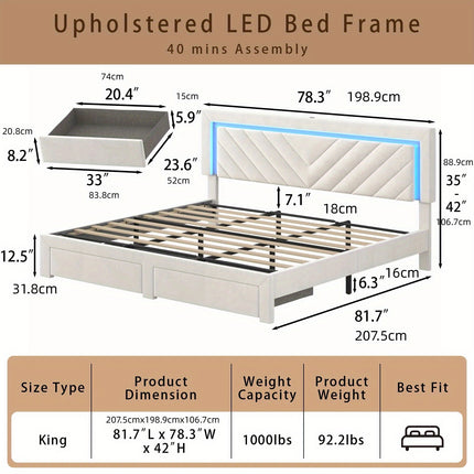 Bed Frame Featuring an Adjustable LED Headboard And Built-In Charging Station