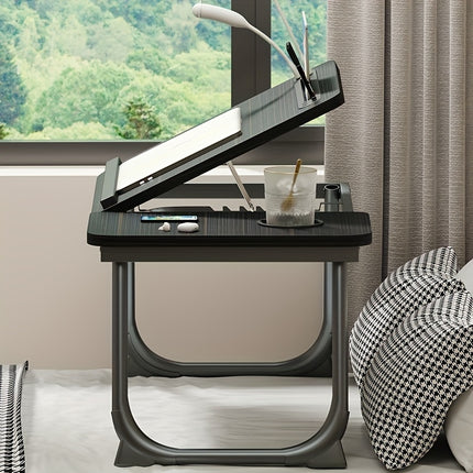 Wooden Laptop Desk] Adjustable Wooden Laptop Desk with Foldable Legs, Cup Holder