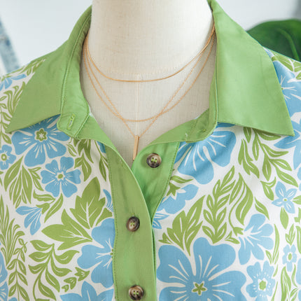 Sky Blue Floral Print Color Block Patchwork Shirt Collar Half Sleeve Mini Dress