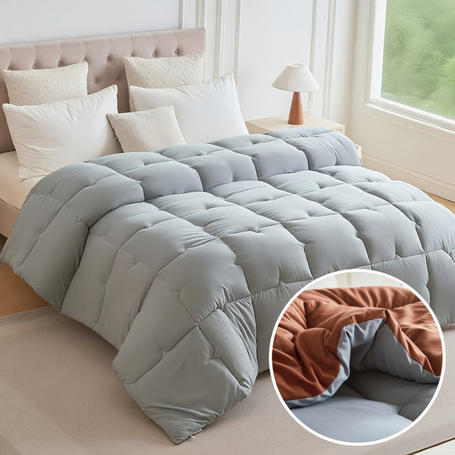 400GSM Heavyweight All-Season Thick Quilt - Light Gray & Brown Bedspread with Plush Microfiber Fill,