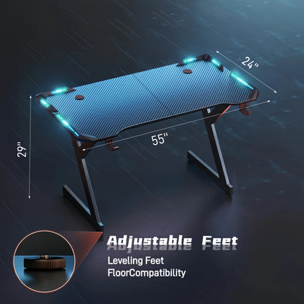Ergonomic Gaming Desk, Featuring A Carbon Fiber Desktop And Four LED Lights