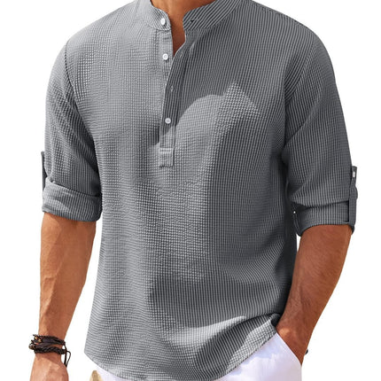 Men's Casual Shirt  Long Sleeve Stand Collar Solid Color Shirt Mens Clothing