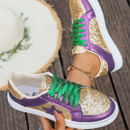 Tillandsia Purple Dearlove Glitter Star Patchwork PU Leather Lace-up Sneakers