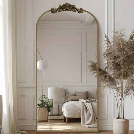 71"x28" Freestanding Arched Mirror with Carved Metal Frame & Bottom - No Assembly Required