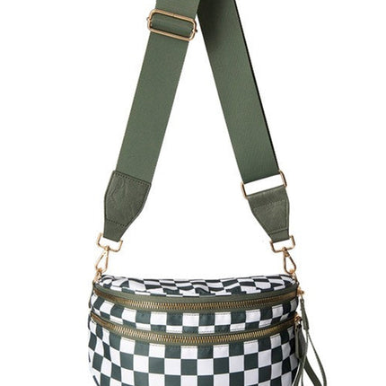 Blackish Green Checkered Print Wide Strap Large Crossbody Bag