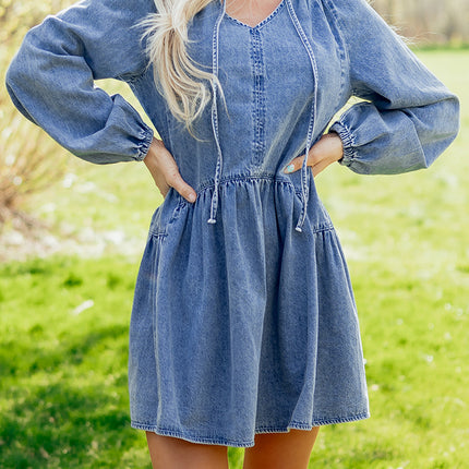 Myosotis Puff Sleeve V Neck Ruffled Loose Denim Mini Dress