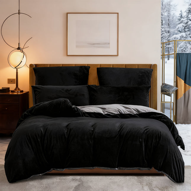 Dxhome Winter Black Solid Color Flannel Bedding Set, 135x200cm Duvet Cover & 80x80cm Pillowcase