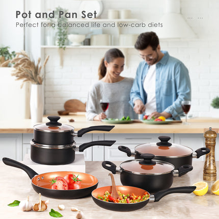 10-Piece Pots And Pans Set Nonstick, Aluminum  Ceramic Cookware Set With Lids, Induction, Oven, Gas,