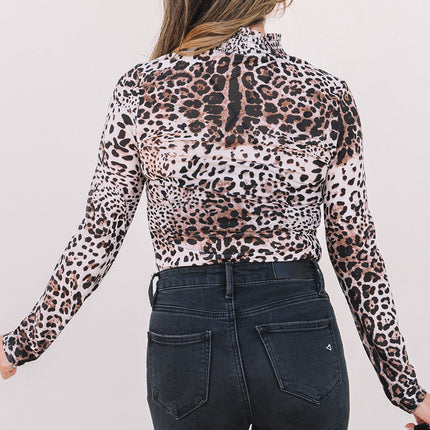 Brown Leopard Smocked Neck Mesh Long Sleeve Bodysuit