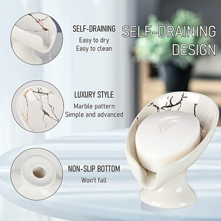 1pc ceramic self-draining soap rack Marble exterior Leaf-shaped soap dish Bathroom