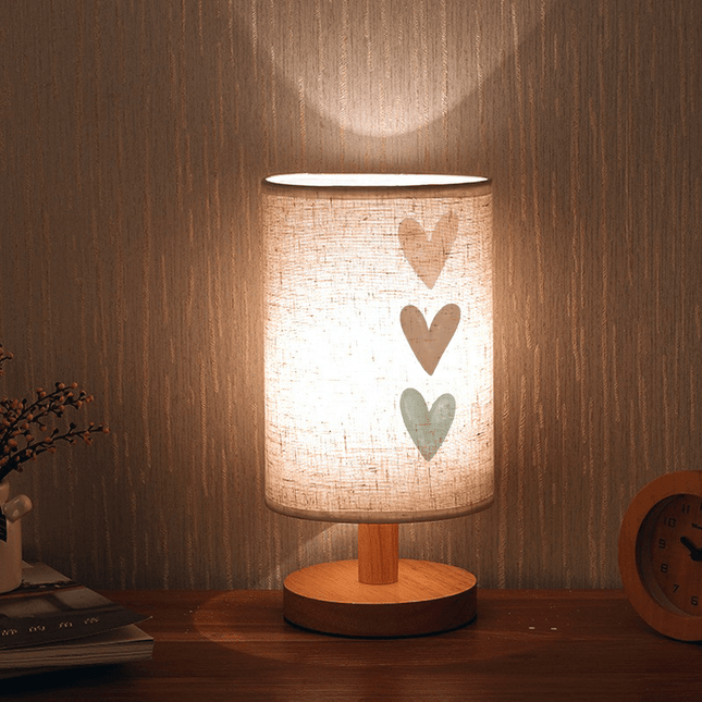 Three Heart Print Ambient Bedside Lamp, Wood Tone Table Lamp with Fabric Shade for Bedroom