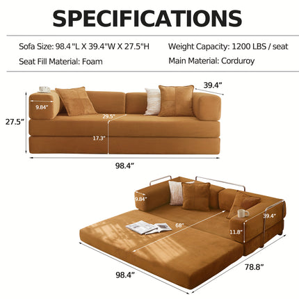Sofa Bed | Convertible Floor Boneless Couch with Comfy Pillow, Modular Modern Corduroy Sofa