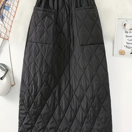 Women's Winter Warm H-Line A-Line Maxi Skirt with Quilted Pocket - Beltless Elastic Waist