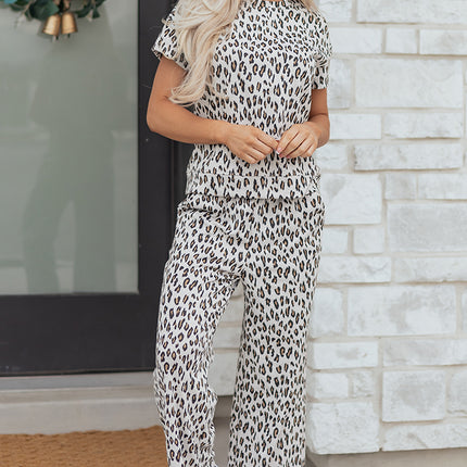 Beige Leopard Print Casual Tee and Pants 2pcs Outfit