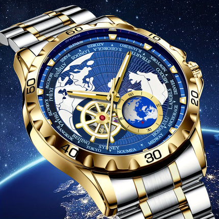 Men's Automatic Watch, Rotating Little Earth Blue Dial Men's Mechanical Watch Steel Strap Stopwatch
