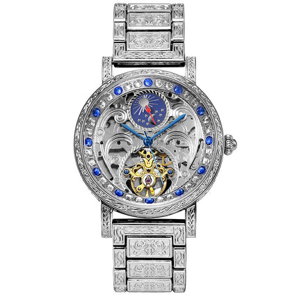 Men's Silvery Blue Steel Strip Fashion Style Versatile Sun Moon Precision Carving Fully Automatic