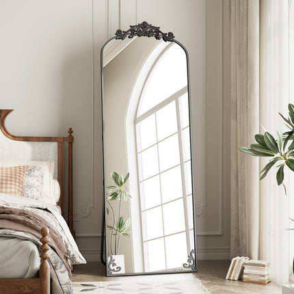Full Length Mirror, 64"x21" Floor Mirror Freestanding With Carved Metal Frame & Bottom Art Carved,