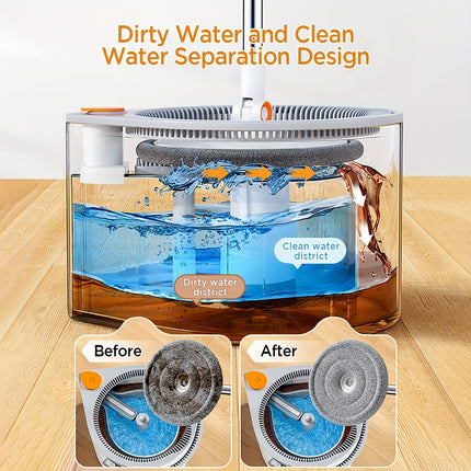Spin Mop  and Bucket System, Includes Three Types Mop Heads, Dual Compartment Mop Bucket