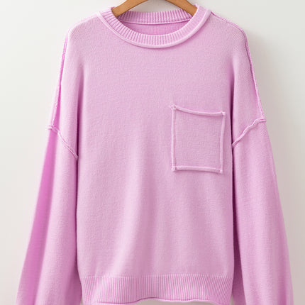 Pink Raw Edge Ribbed Detail Drop Shoulder Sweater