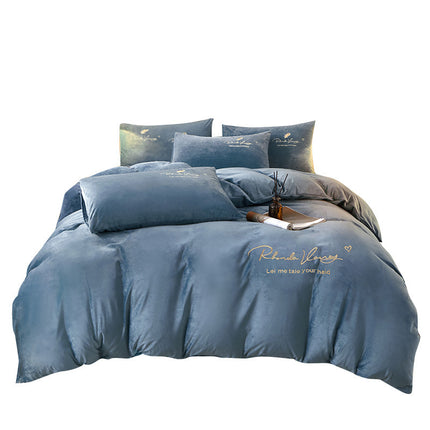 Winter Thick Coral Fleece Quilt Cover Double-sided With Velvet Flannel Bed Sheet Four-piece Set