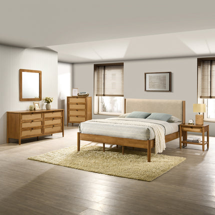 Vichy 5-Piece Rubberwood Bedroom Set with Textured Polyester Upholstered King Bed, Dresser, Mirror, Nightstand, and Chest