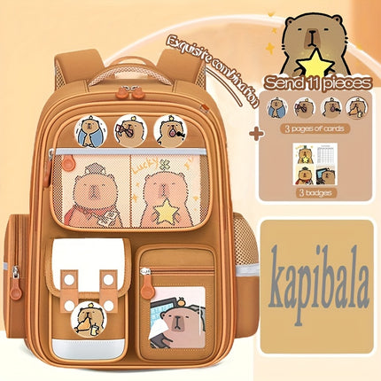 Brown Nylon Backpack with Adjustable Shoulder Straps, Zipper Closure, and Cute Cartoon Design,