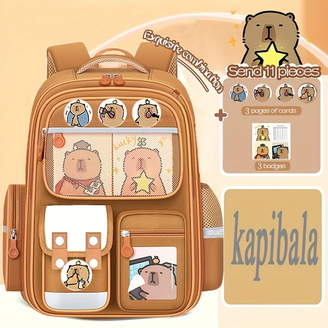 Brown Nylon Backpack with Adjustable Shoulder Straps, Zipper Closure, and Cute Cartoon Design,