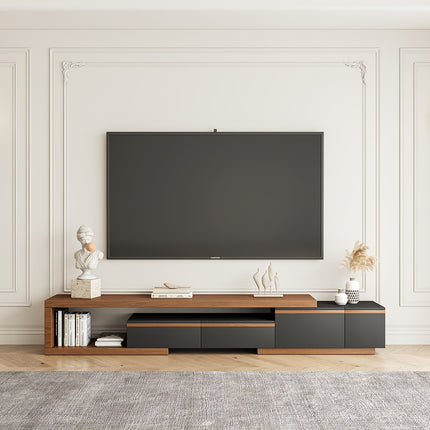Expandable Dark Brown TV Stand with Storage Space and Drawers | Hardwood, Enclosed-Storage Design