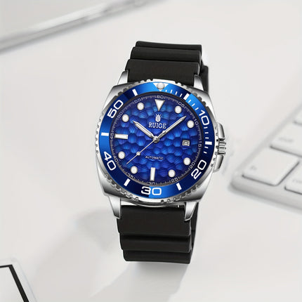 Men'S Luxury Automatic Mechanical Watch - Blue Ocean Design with Transparent Hollow Dial,