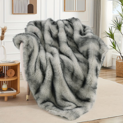 Reversible Faux Fur Blanket - Oversized 60"x80" Plush Mink & Beige/White/Gray Cozy Throw for Bed, Couch