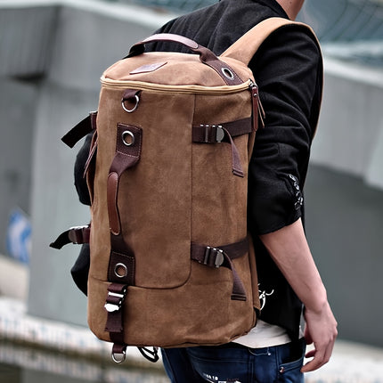 Fashion Canvas Korean-Style Backpack, Large Capacity Travel Bag, Street Outdoor Men's Casual Cylinder Bag,