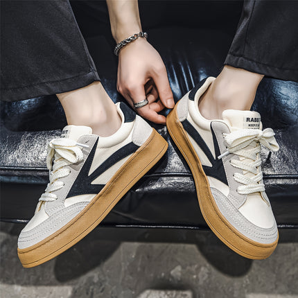 Men's Retro Skate Shoes - Low-Top Lace-Up Sneakers in Black/White/Beige colorblock