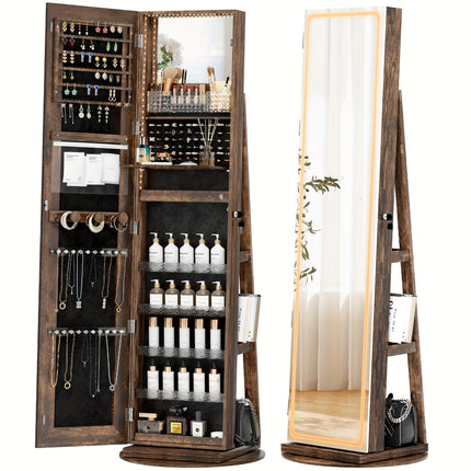 Standing LED Mirror Jewelry Cabinet - Lockable Jewelry Armoire with Full-Length