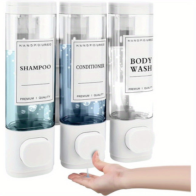 LDQ 3-in-1 Wall Mounted Soap Dispenser - Phthalate-Free ABS Plastic, No Drilling Needed, Shampoo