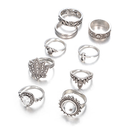Retro Ethnic-Style Joint Ring Set Of 9 With Bold Gemstone Combinations