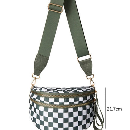 Blackish Green Checkered Print Wide Strap Large Crossbody Bag