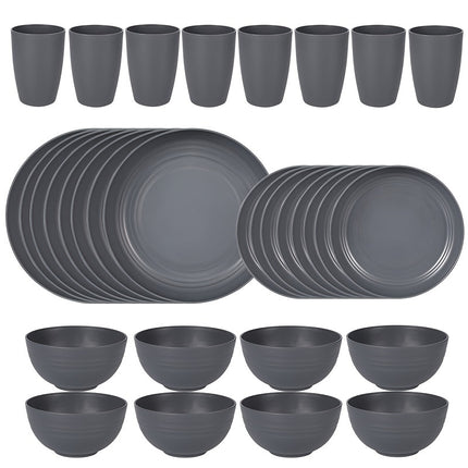 32pcs Grey Wheat Cutlery, Durable Black Set Microwave And Dishwasher Safe Includes 16 Plates, 8 Bowls