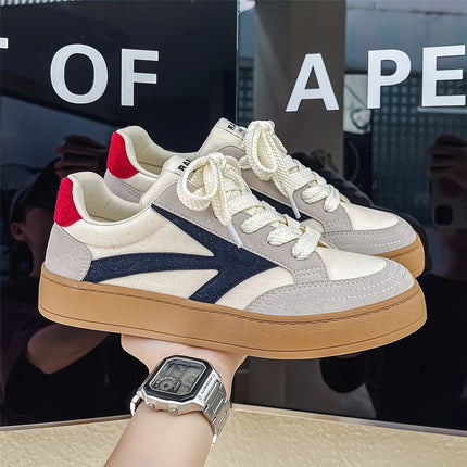 Men'S Retro Skate Sneakers - Low-Top Breathable Canvas Shoes with White Laces & Navy Blue/Red Accent