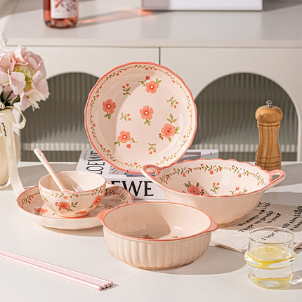 8pcs French Country Ceramic Dinnerware Set with Red Glaze & Peach Blossom Pattern Round Plates,