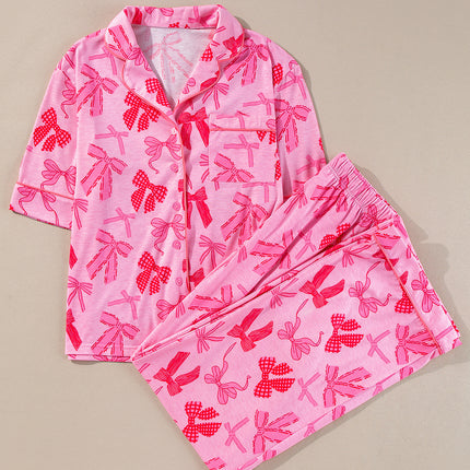 Pink Bow Knot Print Lapel Collar Short Sleeve and Pants Pajamas Set