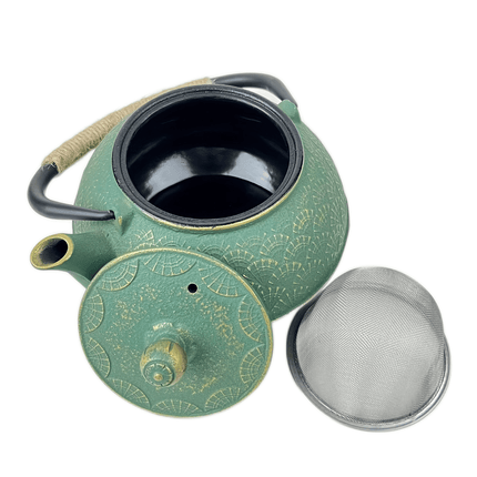 Green & Golden Fan Pattern - Cast Iron Enamel Teapot - Stainless Steel Infuser With Removable Filter