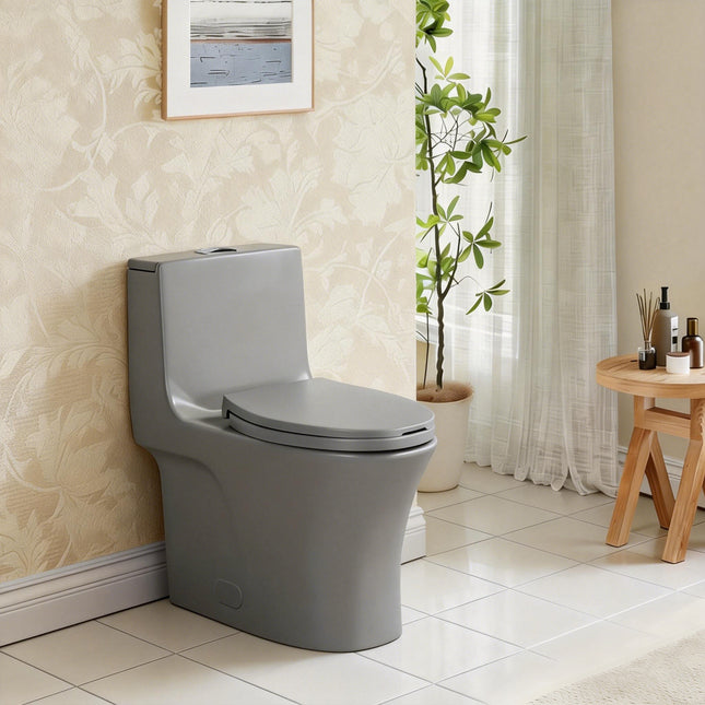 1.1/1.60 GPF Dual-Flush One Piece Toilet, Water-Saving Elongated Comfort Height Floor Mounted, Soft Closing Seat, 1000 Gram Map Flushing Score Toilet, Light Grey GF-26T02-LG